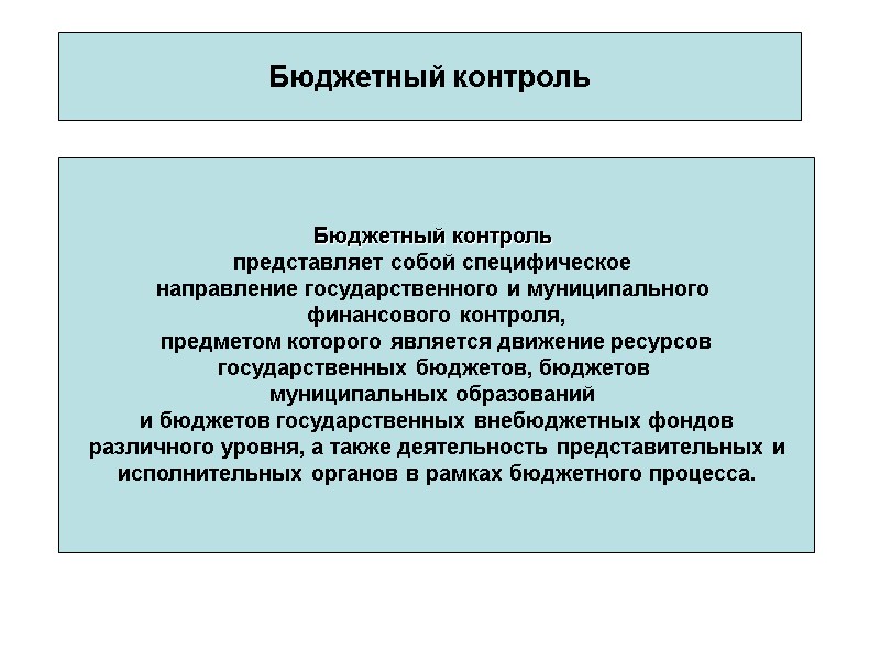 Бюджетный контроль Бюджетный контроль  представляет собой специфическое  направление государственного и муниципального 